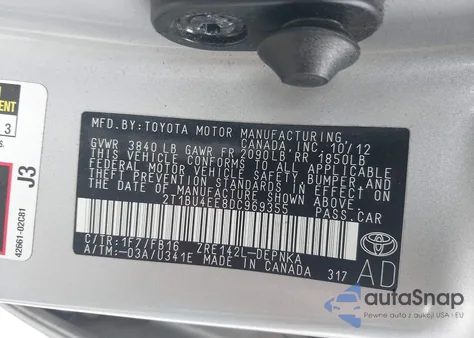 2013 Toyota Corolla Le from USA, damaged, VIN 2T1BU4EE8DC969355